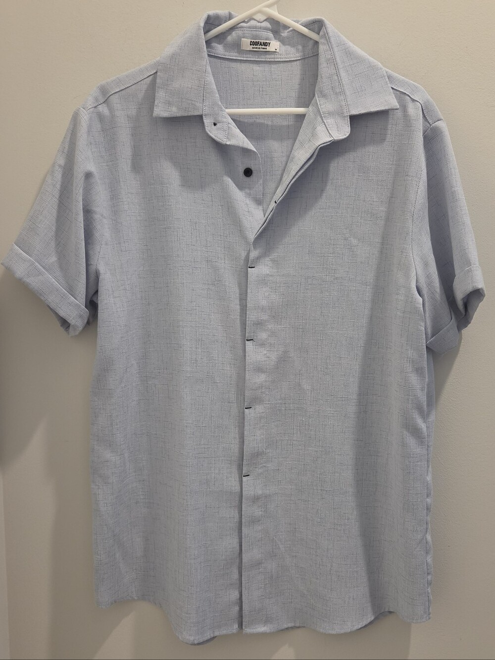 Men's Light Blue Short Sleeve Linen Blend Button-Up Shirt